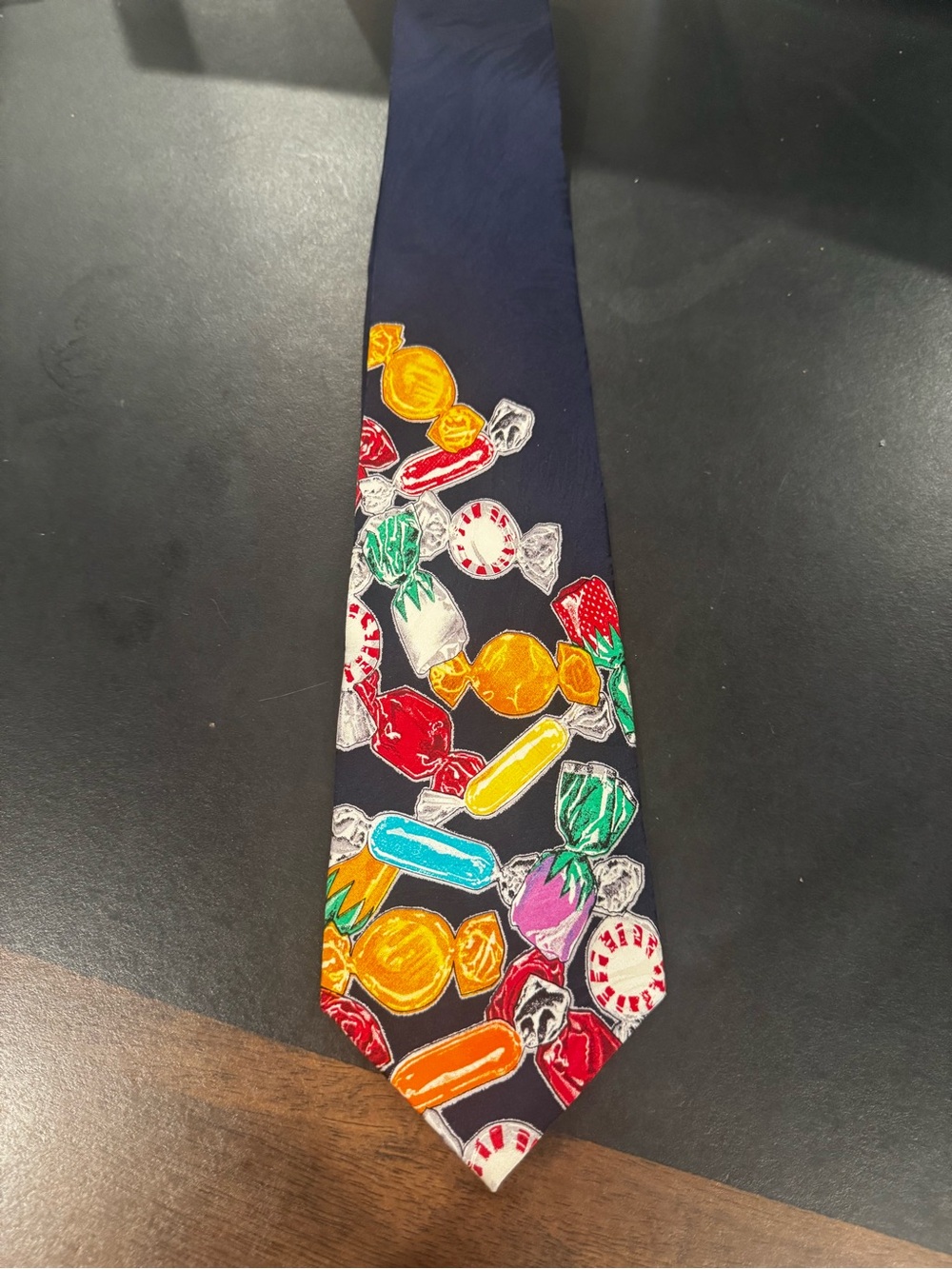 Peerless- Quality Confections Navy Tie with Colorful Candy Print